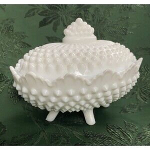 Vintage Fenton White Milk Glass Hobnail Oval Footed Covered Candy Dish with Lid